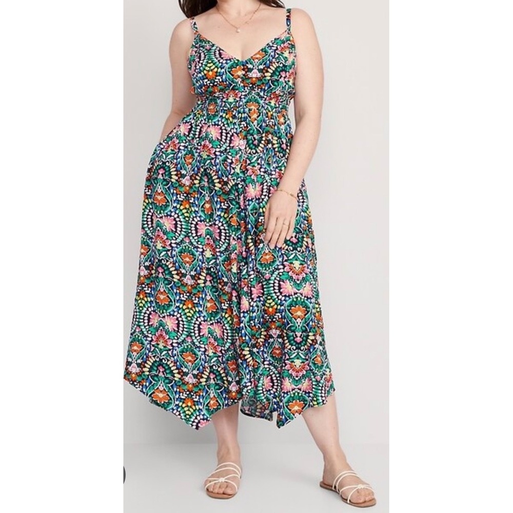 OLD NAVY Tile Blue Floral Boho Waist Defined Sleeveless‎ Scarf Hem Maxi Dress L